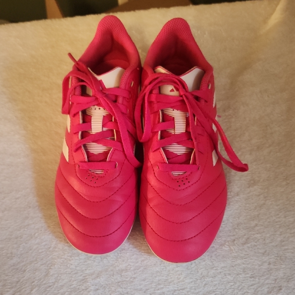Adidas Bright Red Soccer Shoes with White Stripes - Picture 2 of 2